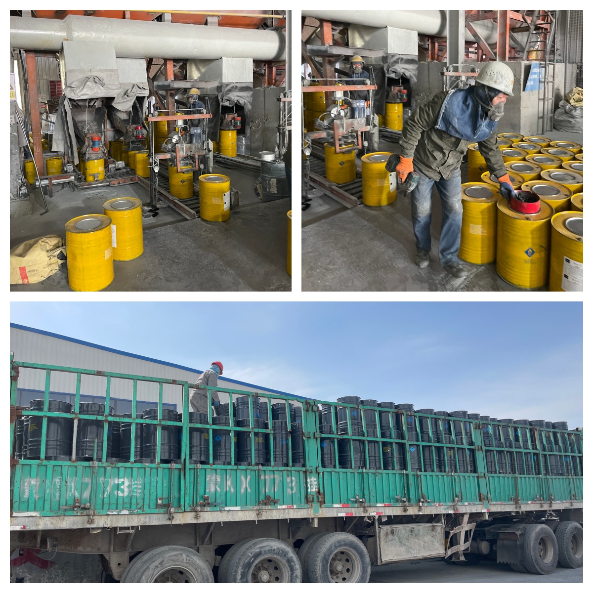 Advanced CaC2 production and logistics lifecycle, featuring an automated crushing and filling line into yellow export drums, rigorous manual quality sampling, and bulk loading of black steel drums onto transportation trucks for international export.