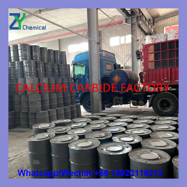 Bulk calcium carbide stone price and factory supply by ZY Chemical, showing sealed steel drums packaging and delivery trucks for wholesale.